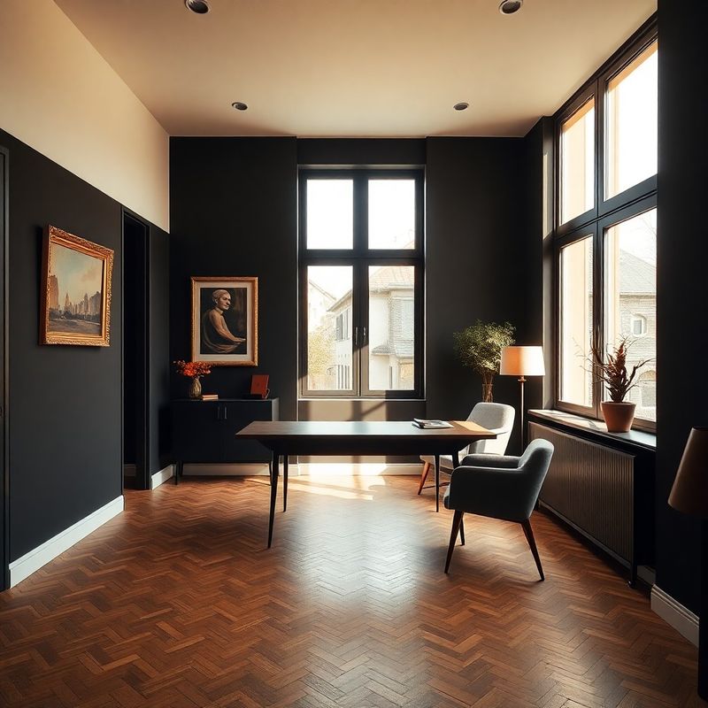 Interior discret al biroului de consultanță patrimonială, pereți în ton de cărbune, panouri de lemn, lumină caldă