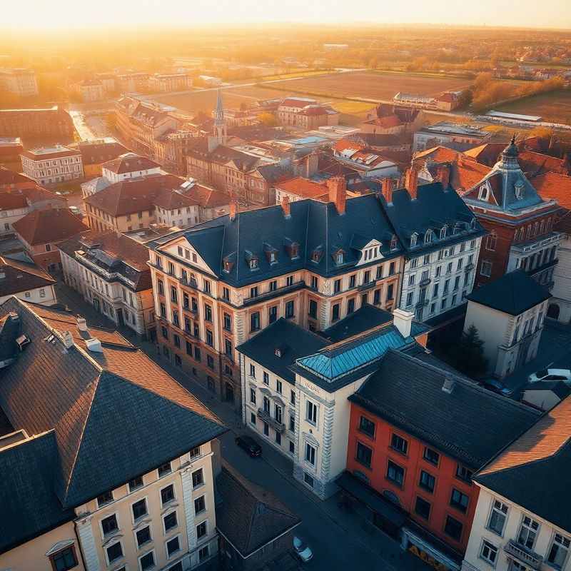 Fotografie aeriană a zonei Strada Domnească din Galați, fațade calde, lumină aurie